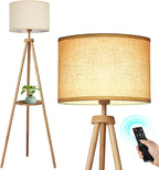 Wooden Tripod Floor Lamp with Shelf and Remote | Arvello Mart