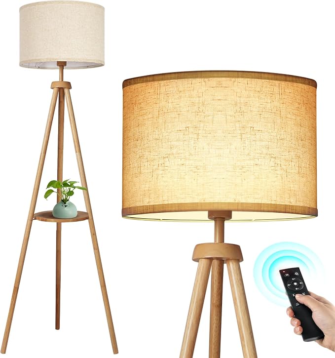 Wooden Tripod Floor Lamp with Shelf and Remote | Arvello Mart