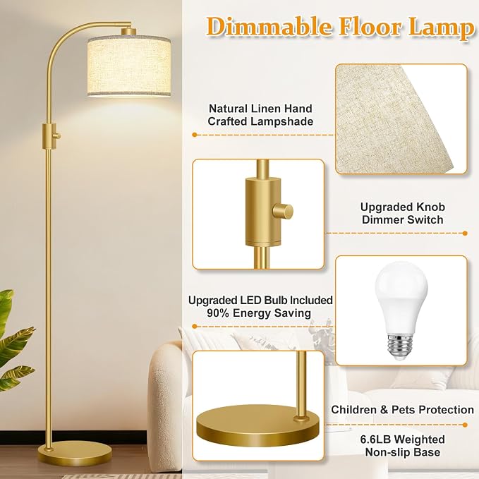 Modern Arc Dimmable Floor Lamp with Linen Shade | Arvello Mart