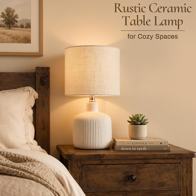 Rustic Ceramic Table Lamp with Linen Shade | Arvello Mart