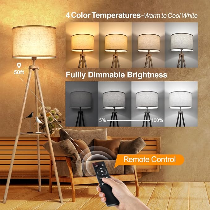 Wooden Tripod Floor Lamp with Shelf and Remote | Arvello Mart