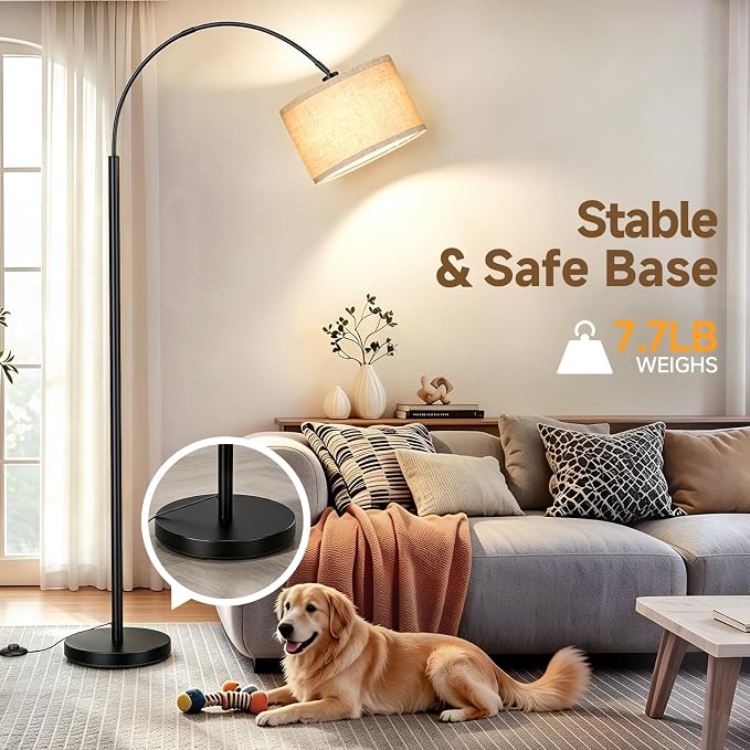 Black Arc Floor Lamp with Linen Shade | Arvello Mart