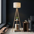 Wooden Tripod Floor Lamp with Shelf and Remote | Arvello Mart