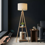 Wooden Tripod Floor Lamp with Shelf and Remote | Arvello Mart