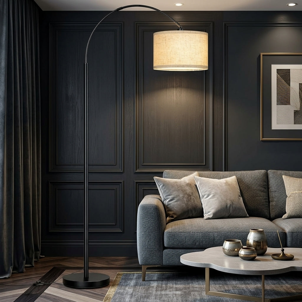 Black Arc Floor Lamp with Linen Shade | Arvello Mart